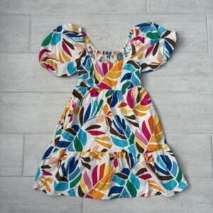 Tabitha Brown Small Multicolor Botanical Print Puff Sleeve Mini Dress Boho Linen